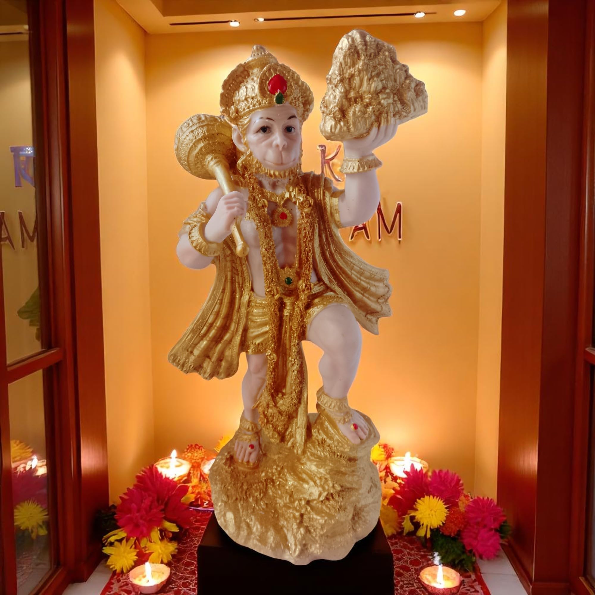 AMS Hanuman Ji Marble Dust Statue Bajrangbali Anjaneya Idol Lifting Dronagiri Mountain for Home Decorative Showpiece and Gifting Figurine 33 * 18 * 13.5 cms