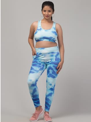 Womens Polyester Spandex Printed Ankle Length High Rise Slip On Tights and Bra Set Size 3XL (Blue)