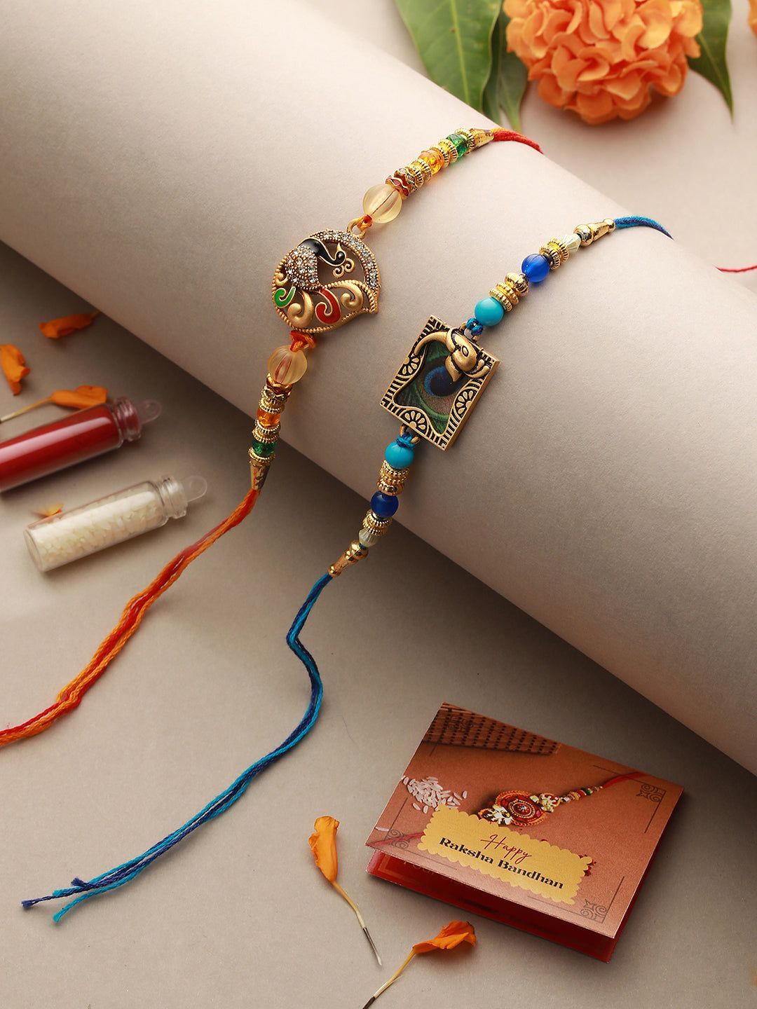 Set of 2 Kundan Studded Peacock Shaped Rakhi with Roli Chawal