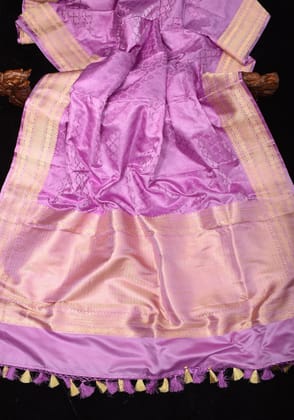 Tanchoi Banarasi Handloom Pure Satin Silk Saree in Thistle with Self Jaal and Zari Borders| SILK MARK CERTIFIE