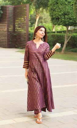 Cotton Lurex Wine & Gold Flared Kurta with Pants-XXS