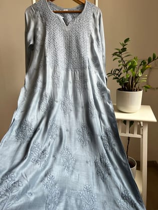Muslin Chikankari Kurti - Grey Ombre-Grey Ombre / Muslin / XL