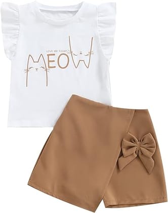 Baby Meow Design Dress for Toddler (White-Brown)-2-3 Years