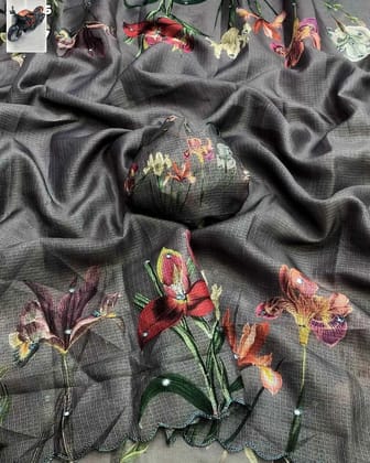 Launching new Soft Kota chex floral digital printed saree with beautiful foil mirror all over & cutwork borderBlouse - digital printed blouse