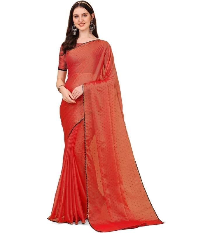 Women's Silk Blend Embellished Saree With Unstitched Blouse 5.5Mtr (Red)-PID54804