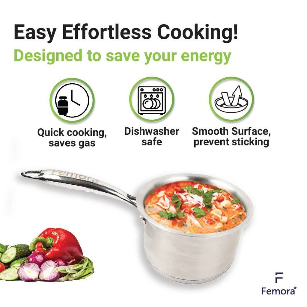 Femora Tri-Ply Sauce Pan, Induction & Gas Friendly Long Lasting, Naturally Non-Stick, 18 CM, 2.2 Liters, Silver