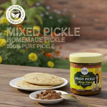 Baya India Homemade Mixed Pickle | Authentic Ghar ka Bana Achar | Traditional Indian Spicy & Tangy | Free from preservatives | Sun-Dried Chemical Free | No Vinegar | 100% Pure | 250g Plastic Jar