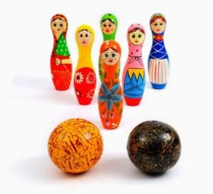 Handicraft Exim Hand-Painted Wooden Bowling Set | Traditional Doll Design | Indoor Skill Game Handicraft Exim Hand-Painted Wooden Bowling Set | Traditional Doll Design | Indoor Skill Game