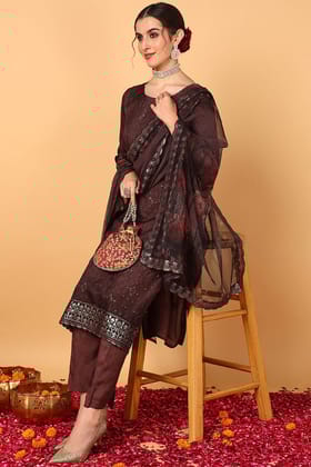 Plus Size Brown Organza Ethnic Motifs Embroidered Straight Suit Set PKSKD2089