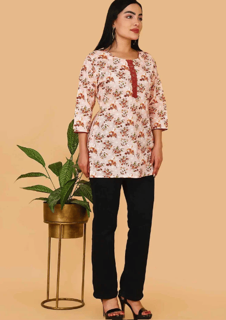 Sufiana Peach Maroon Floral Print Short Kurti for Women - Elegant Short Kurti for Women