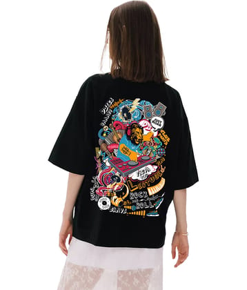 Leotude Women Cotton Blend Printed Oversized Round Neck T-Shirt ( Black )