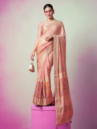 Peach Poly Viscose Georgette Geomatric Designer Saree
