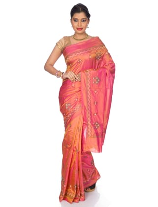 Orange Pink Ilkal Saree - Art Silk Saree with Kasuti Embroidery