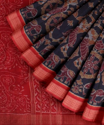 Navy Blue Red Cotton Handloom Sambalpuri Saree