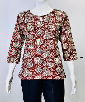 Maroon beige kalamkari handblock printed cotton top