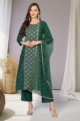 Dark Green Silk Blend Embroidered Party wear Suit Set VKSKD1783