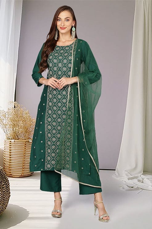 Dark Green Silk Blend Embroidered Party wear Suit Set VKSKD1783