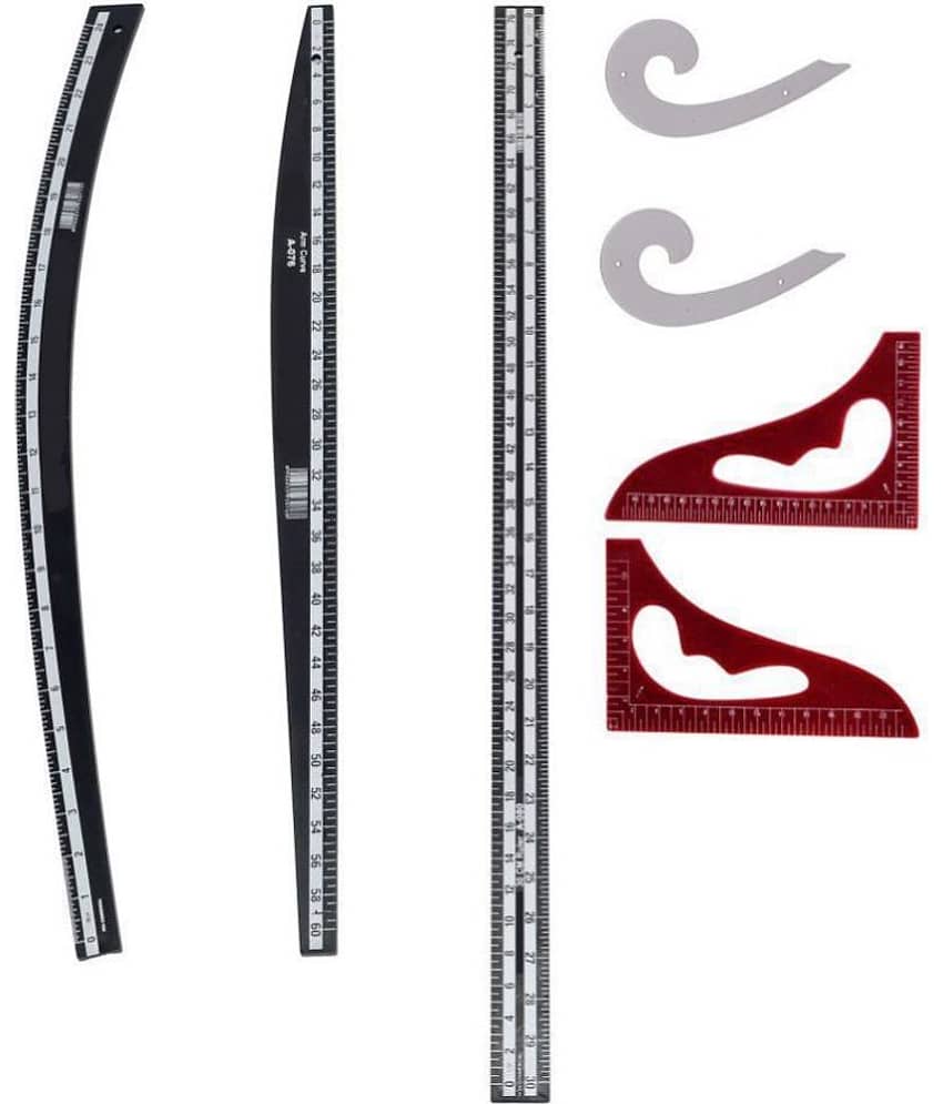 Vardhman Complete Fashion Designing Tailoring Pack of 7 Scales Arm & Hip Curve, Long Ruler, 2 French Curve & 2 Art Curve, 1/4 and 1/6 Scale