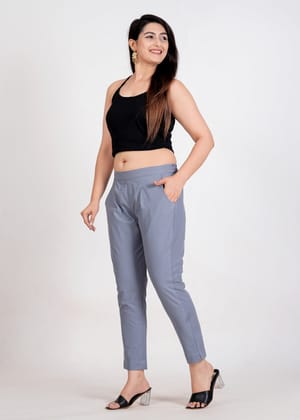 Women's Slate Grey Cotton Trouser Pant - Regular Fit for Office, School, and Casual Wear-S / Slate Grey / 100% Cotton