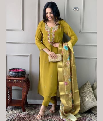Mahek Fashion Chanderi Embroidered Kurti With Pants Women's Stitched Salwar Suit - Mustard ( Pack of 1 ) Mahek Fashion Chanderi Embroidered Kurti With Pants Women's Stitched Salwar Suit - Mustard ( Pack of 1 )