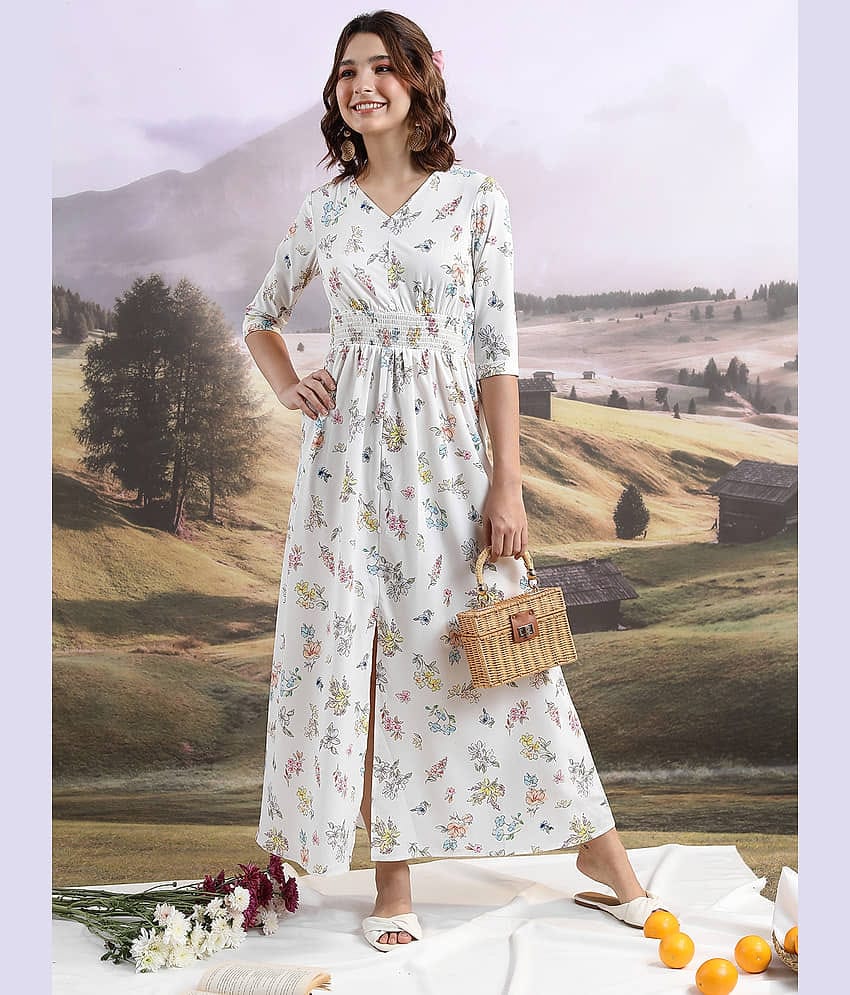 Ketch Women Polyester Printed A-line Dress ( Off White )