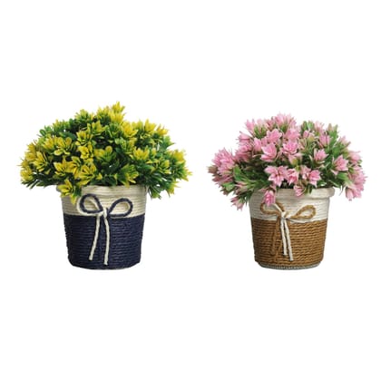 Foliyaj Set of 2 Artificial Flower Plants with Pot for Living Room Table Indoor Home Decoration