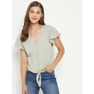 PURYS Women Grey Striped Regular Top