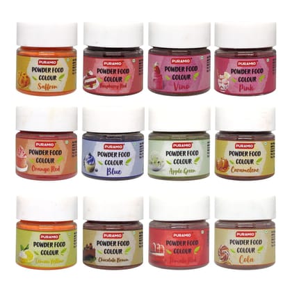 Puramio Powder Food Colour Combo (Apple Green, Blue, Caramelene, Chocolate Brown, Saffron, Cola, Lemon Yellow, Orange Red, Pink, Raspberry Red, Tomato Red, Vino), 20 gm Each - Pack of 12