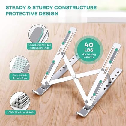 Aluminum Laptop Stand,Foldable Adjustable Ventilated, Up to 15.6'' (Silver) Laptop Stand