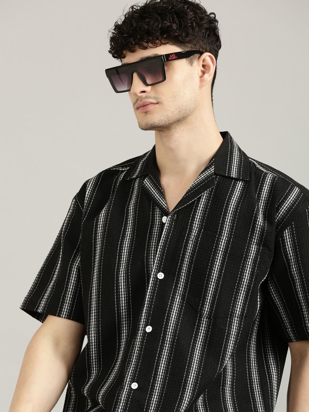 Black Striped Short Sleeved Oversized Resort Shirt-42