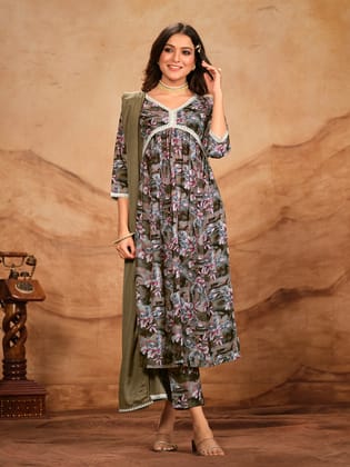 Grey Brown Printed Flared Polyester V-Neck Kurta Set-S