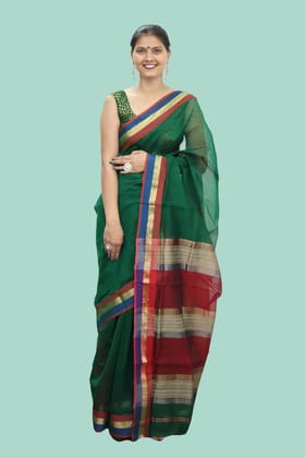 Legacy Kosa Pallu Green Red handloom Saree with Tassels