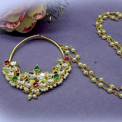 Traditional Kundan and Pearl Nath with Dual-Chain Design Traditional Kundan and Pearl Nath with Dual-Chain Design