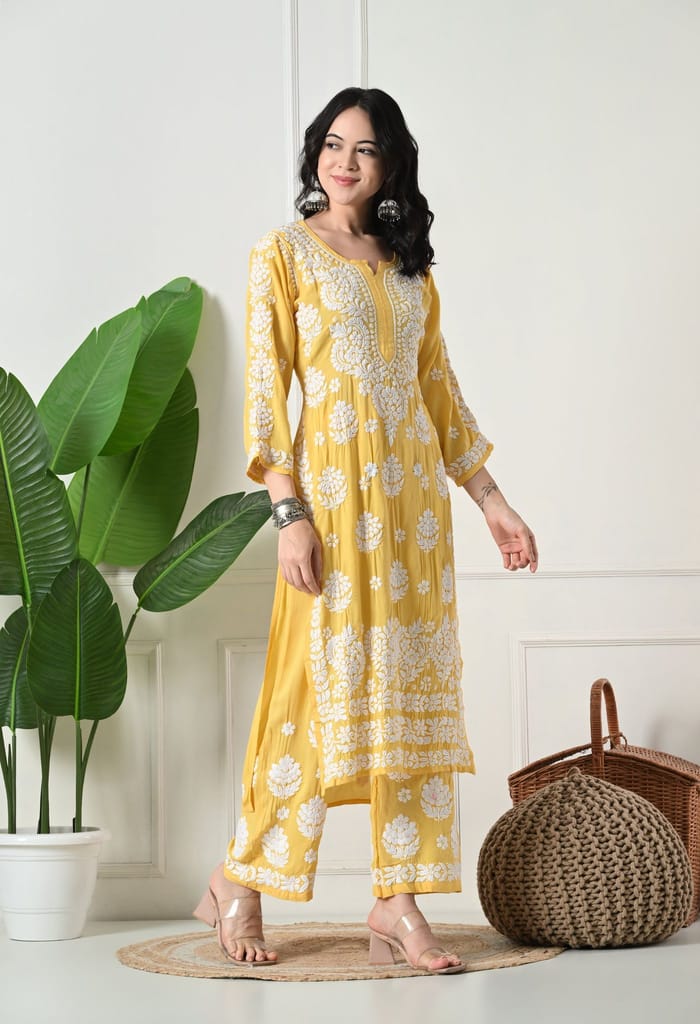Hand Embroidered Chikankari Modal Plazo Set 3d Work-Yellow