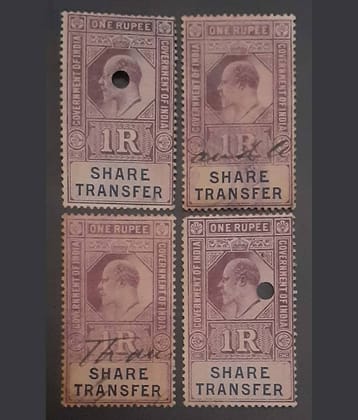 Extremely Rare Old Vintage British India King Edward VII One Rupee Share Transfer Lot of 4 Stamps,,,,Collectible