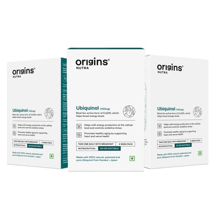 Origins Nutra Ubiquinol (100mg) | Boost Energy, Supports Heart & Healthy Ageing, Enhance Antioxidant Protection | Ubiquinol | GMP Certified | For Men & Women | 28 Soft Gels Pack of 3