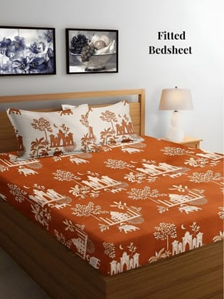 Brown & White Floral 300 TC Fitted King Bedsheet with 2 Pillow Covers