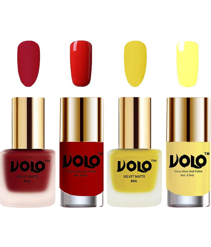 VOLO Extra Shine AND Dull Velvet Matte Nail Polish Red,Yellow,Orange, Yellow Glossy Pack of 4 36 mL