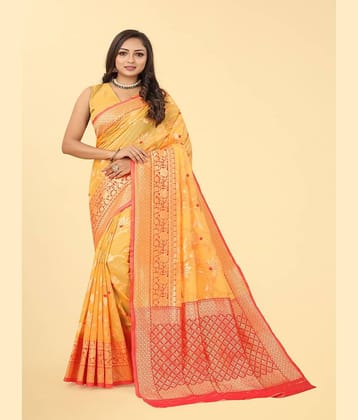 NENCY FASHION Banarasi Silk Embellished Saree With Stitched Blouse ( Gold )