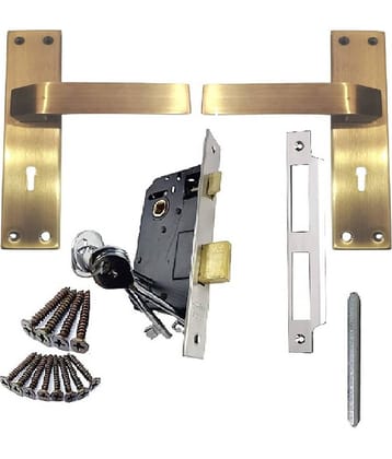 Onmax 8 Inches Stailess Steel Mortise Handle and 6 levers Lockbody with Double action and 3 CP keys and Antique Brass Finish handle set. Best for home shop and office. Pack of 1 Set (SML6+SS803MAB)
