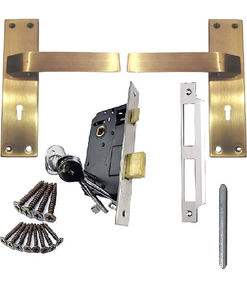 Onmax 8 Inches Stailess Steel Mortise Handle and 6 levers Lockbody with Double action and 3 CP keys and Antique Brass Finish handle set. Best for home shop and office. Pack of 1 Set (SML6+SS803MAB)