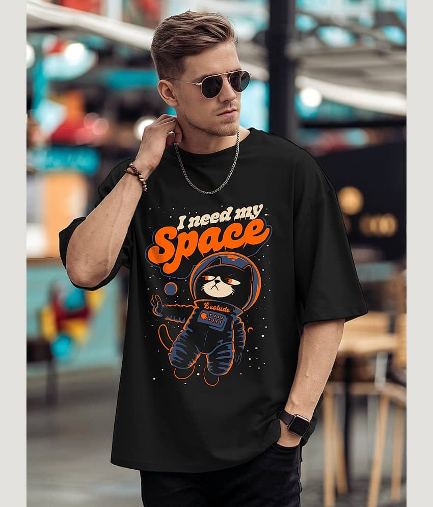 Leotude Men Cotton Blend Oversized Fit Printed T-Shirt ( Black )