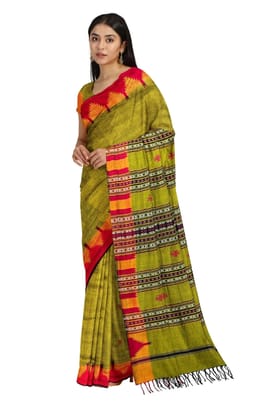Yellow Stripe Kotpad Tussar Silk Saree from Odisha Handloom