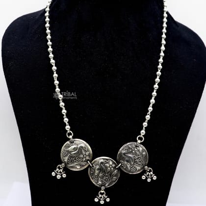 925 sterling silver handmade vintage beaded chain necklace amazing peacock pendant with hanging drops, ethnic tribal long set jewelry set662-24''
