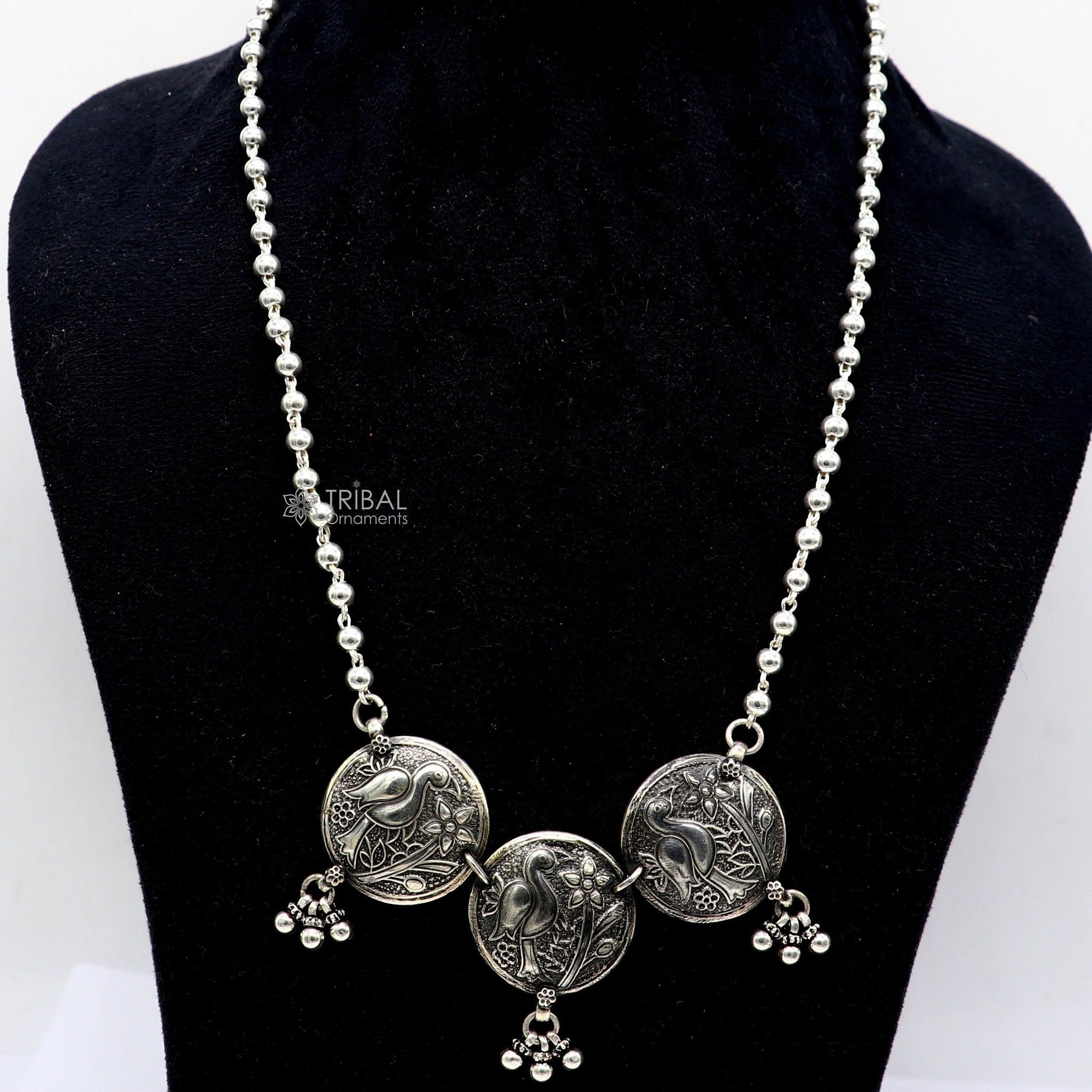 925 sterling silver handmade vintage beaded chain necklace amazing peacock pendant with hanging drops, ethnic tribal long set jewelry set662-24''