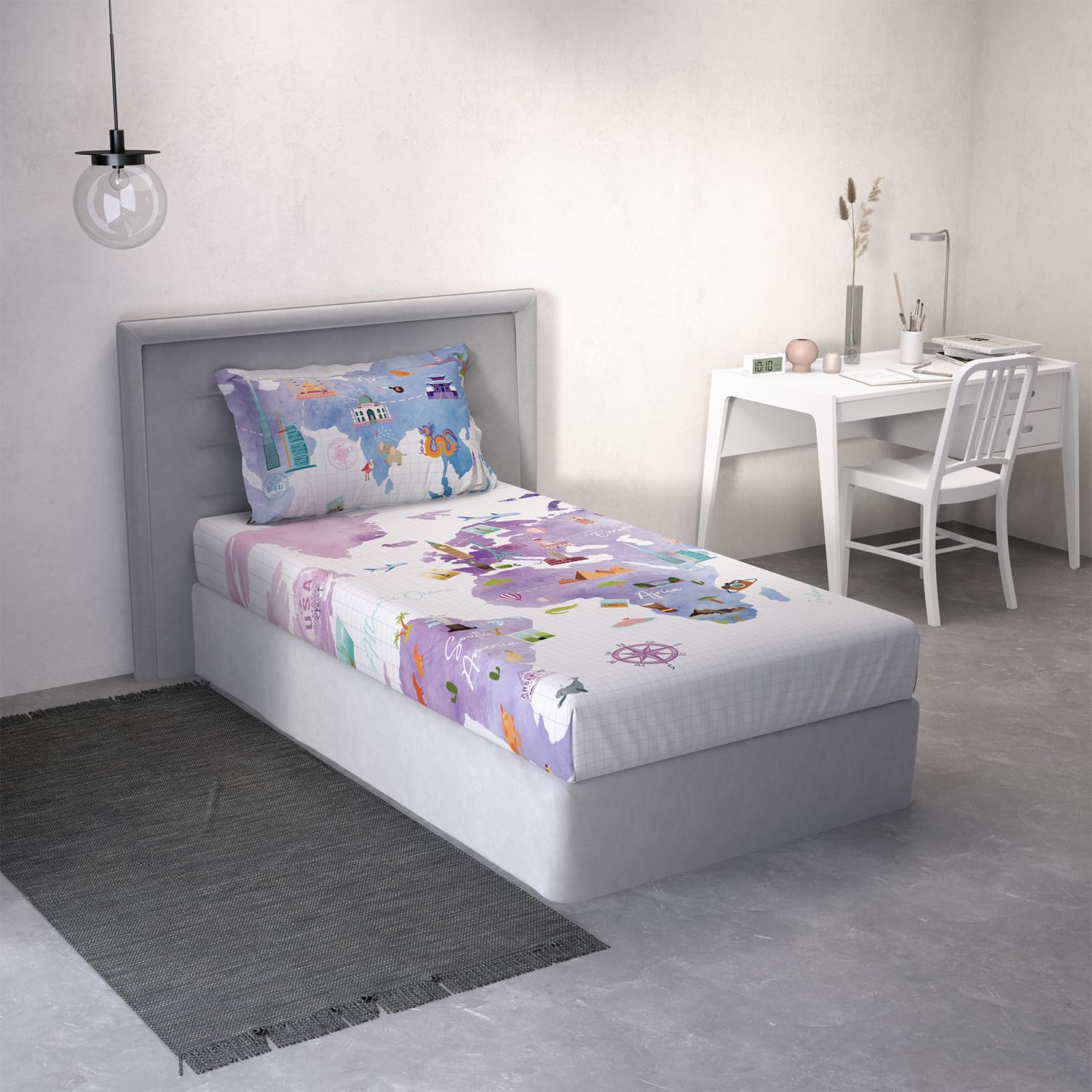DDECOR - Little Brats Collection 100% Cotton Kids Pattern 145TC Single Bedsheet|152 CM X 224 CM| - Purple