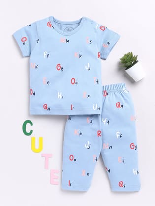 Blue Alphabet Print Half Sleeve Night Suit-3-6 m