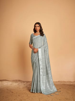 Elora Grey Linen Striped Saree With Unstitched Blouse