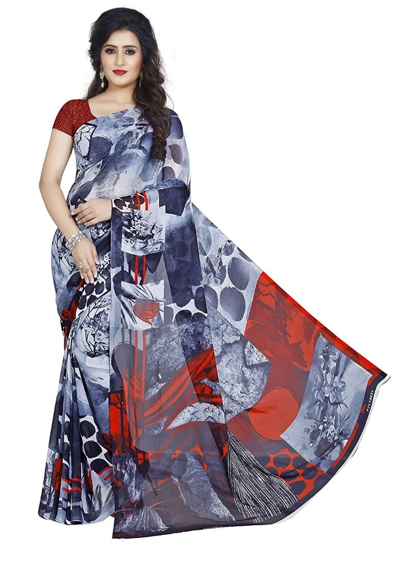 Printed Faux Georgette Black Color Saree