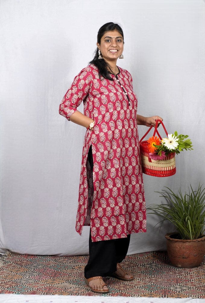 Rivaaj Ethnic Anika Cotton Straight Kurta (M) | Vibrant Red | 3/4 Sleeves Split V-Neck | Smart Casual Top | Daily Work Wear